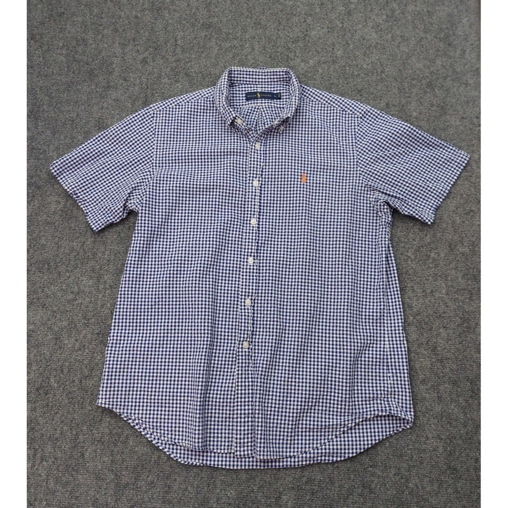 Ralph Lauren Shirt Seersucker Men Large Blue Plaid Short Sleeve Button Down Pony